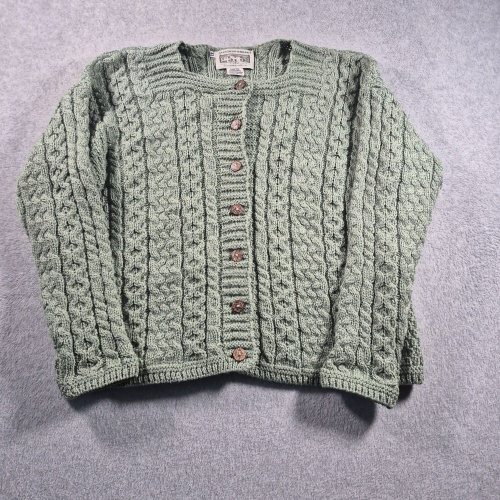 Aran Crafts Irish Merino Wool Cable Knit Cardigan Sweater Green Women's XL - Picture 1 of 7